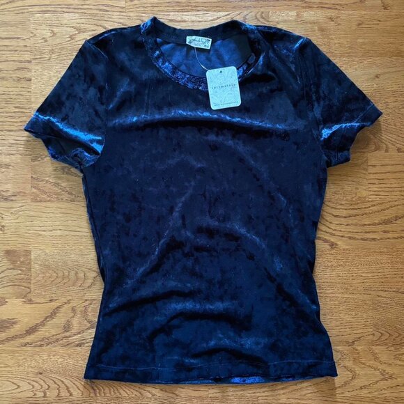 NWT FREE PEOPLE INTIMATELY crushed velvet baby tee top xs Navy blue velour shirt - Picture 1 of 4